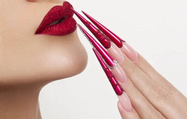 Picture lipstick, lips, claws, fingers, nails, manicure