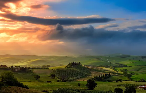 The sky, clouds, light, field, valley, Italy, Tuscany