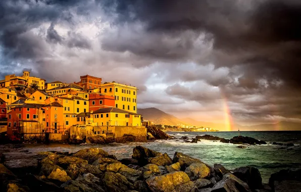 Picture sea, the storm, clouds, the city, stones, home, rainbow, Italy
