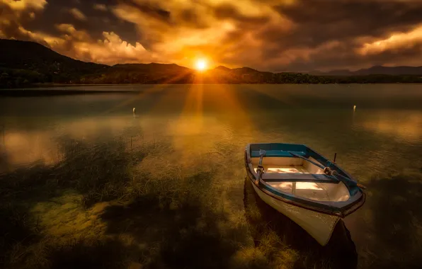 Sunset, mountains, lake, boat, Spain, Spain, Catalonia, Catalonia
