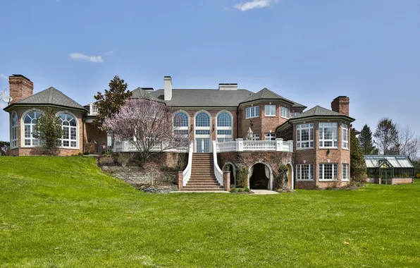 The sky, house, lawn, the building