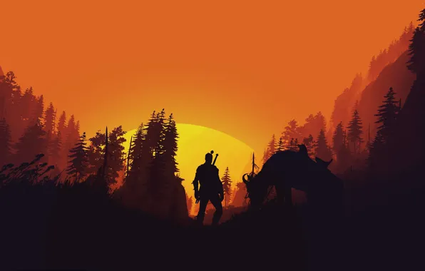 Fantasy, game, forest, The Witcher, trees, sun, horse, weapons