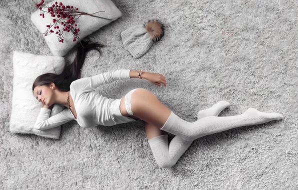 Girl, carpet, model, pillow, figure, legs, Yana, Yana