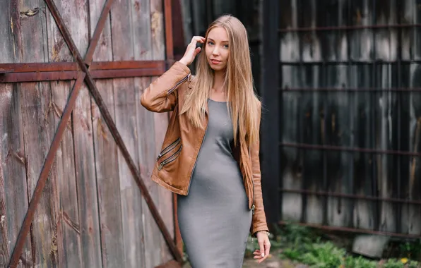 Picture look, girl, face, background, hair, hands, dress, jacket