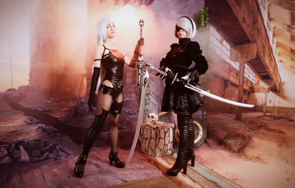 Style, background, girls, swords