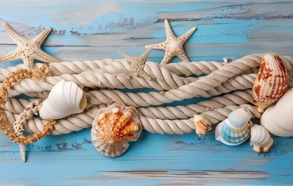 Board, rope, shell, rope, shell, starfish, blue background, composition