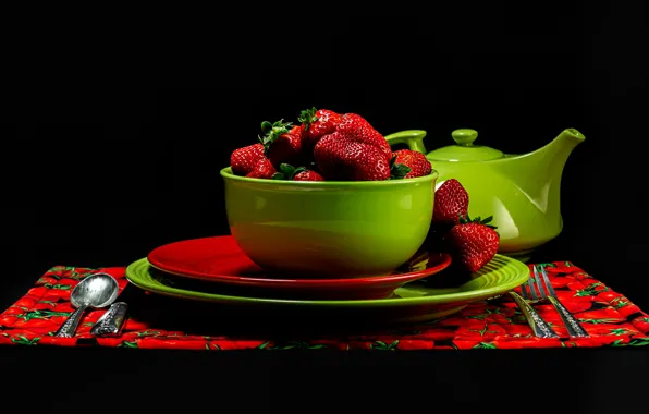 Red, green, berries, kettle, strawberry, spoon, knife, plates