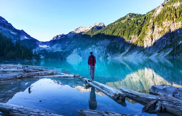 Forest, trees, mountains, lake, stones, rocks, people, log