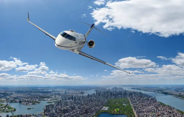 Picture Clouds, The city, The plane, Flight, Jet, Business jet, Bombardier Challenger 350, Service aircraft