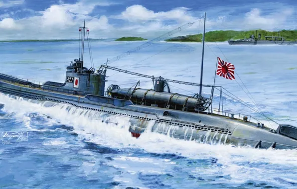Picture shore, boat, figure, art, Bay, underwater, destroyer, Japanese
