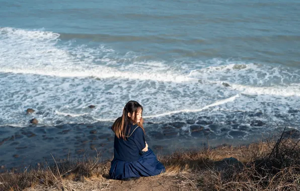 Asian, Model, Beach, Woman, Pretty, Japanese, Uniform, Shore