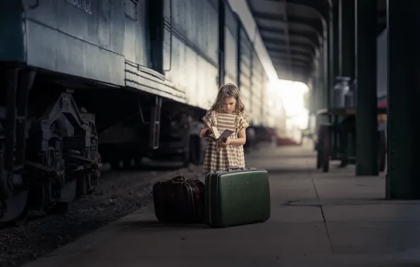 Station, girl, book, suitcases
