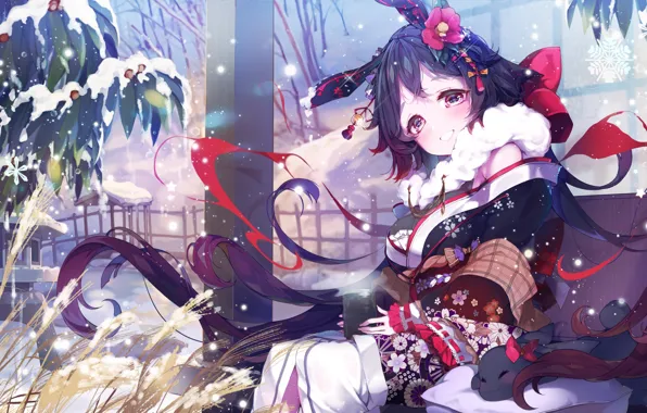 Picture winter, girl, decoration, flowers, anime, art, yukata, Camellia