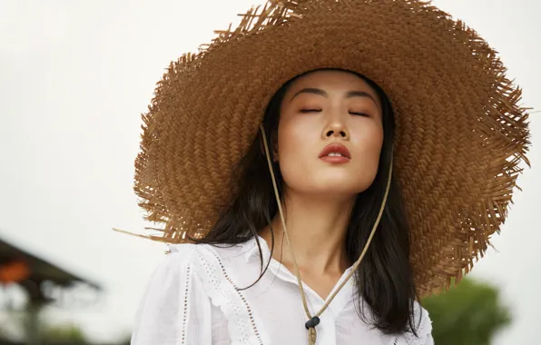 Picture girl, face, hat, Asian, closed eyes, Eugene Angels, Angelov