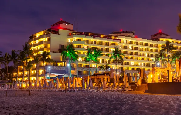 Sand, beach, night, lights, palm trees, Mexico, lights, the hotel