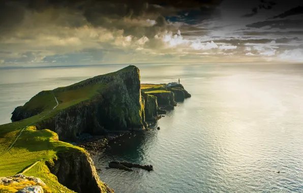 Sea, rocks, lighthouse, Scotland, Cape, Neist Point