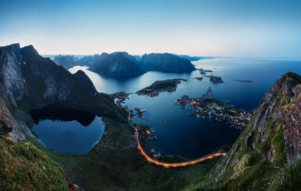 Mountains, lights, the evening, Norway, The Lofoten Islands, fjords