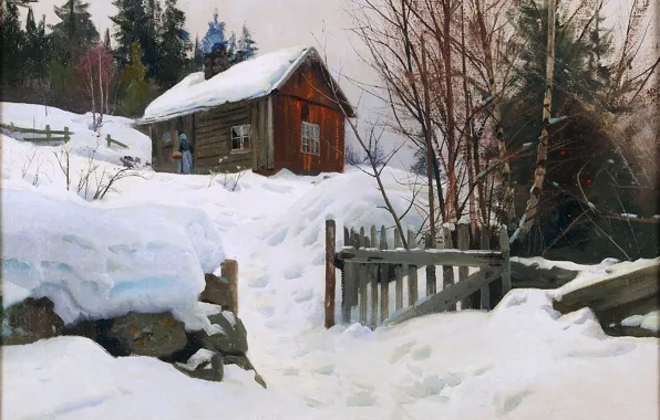 Picture Winter, The fence, Trees, Snow, House, Picture, Peter Merk Of Menstad, Peder Mørk Mønsted