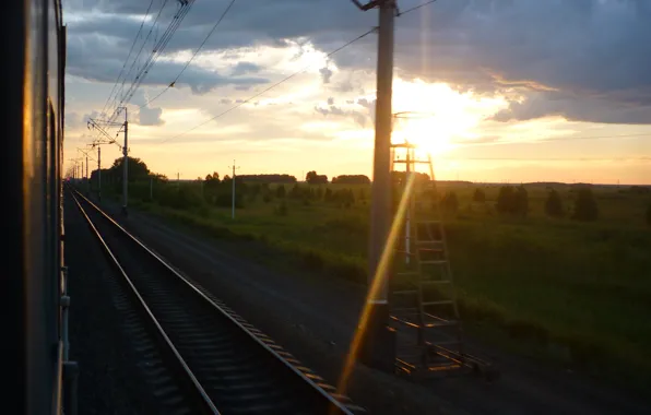 Road, field, the sky, clouds, sunset, nature, rails, Railways