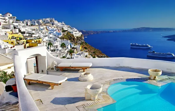 Sea, ship, island, Santorini, Greece