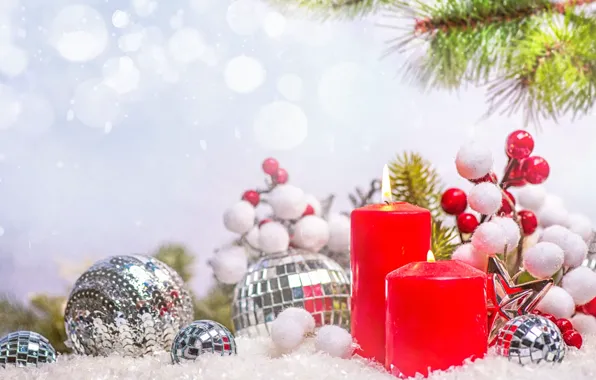 Balls, snow, holiday, star, candles, fruit, Christmas, New year
