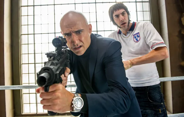 Picture cinema, gun, weapon, movie, film, rifle, Mark Strong, Sacha Baron Cohen