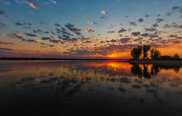 The sky, the sun, clouds, trees, sunset, reflection, shore, pond