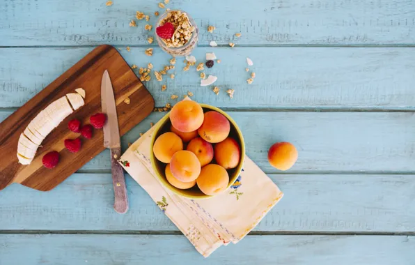 Raspberry, Breakfast, banana, peaches, wood, strawberries, Banana, cutting Board