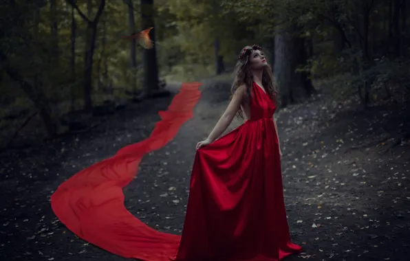 Picture forest, girl, bird, red dress, Jesse Duke, Ailish