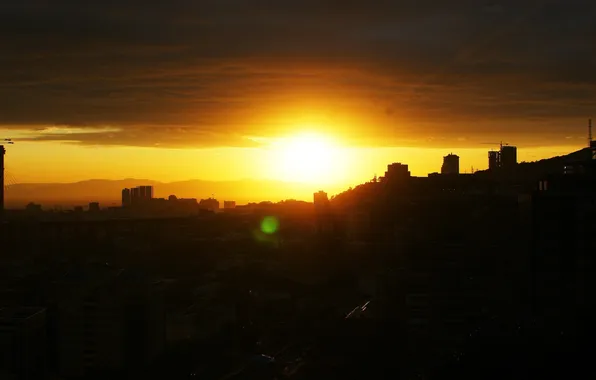 The sun, clouds, sunset, the city, the evening, Vladivostok