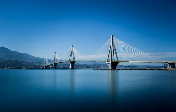 Mountains, Greece, support, The Gulf of Corinth, cable-stayed bridge Rion-Antirion