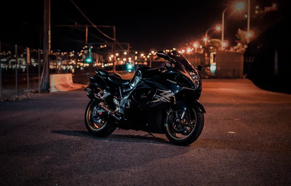 Night, the city, lights, black, suzuki, black, bike, Suzuki