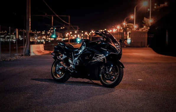 Picture night, the city, lights, black, suzuki, black, bike, Suzuki