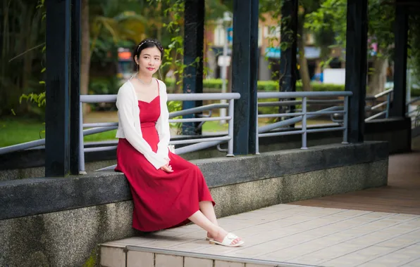 Girl, sweetheart, dress, blouse, Asian, sitting