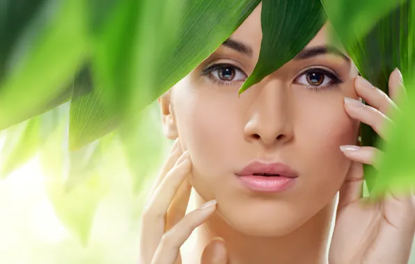 Look, girl, face, green leaves, hands, lips, brown eyes