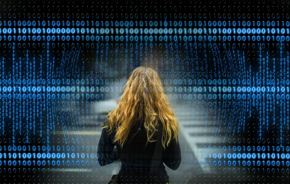 Picture girl, background, hair, binary code