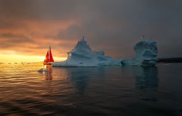 Picture sea, sunset, yacht, iceberg, scarlet sails, Greenland