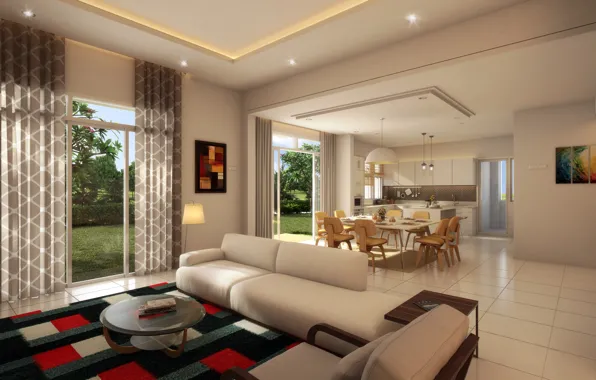 Picture interior, kitchen, living room, dining room