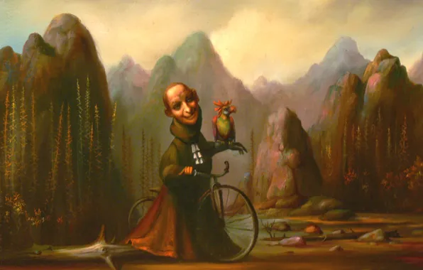 Picture mountains, bike, parrot, Surrealism, Lazarev I. A