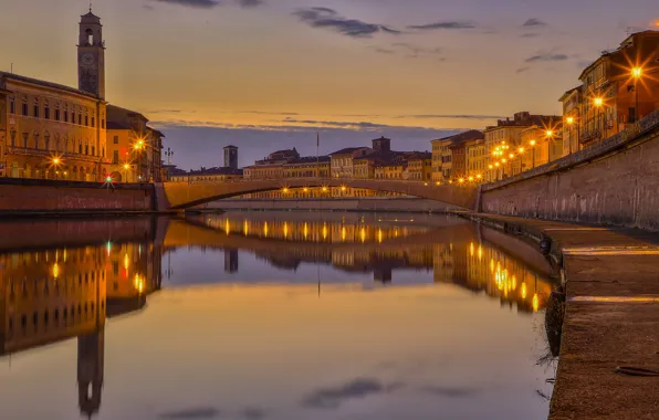 Picture bridge, lights, river, home, Italy, Pisa