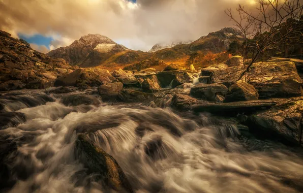Clouds, mountains, river, stream, cascade, Wales, Snowdonia