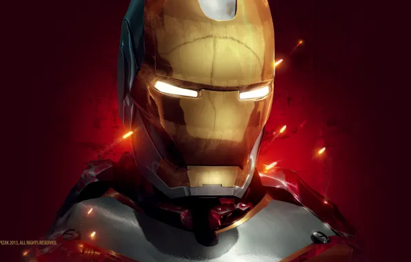 Picture red, background, fiction, art, sparks, costume, helmet, Iron man