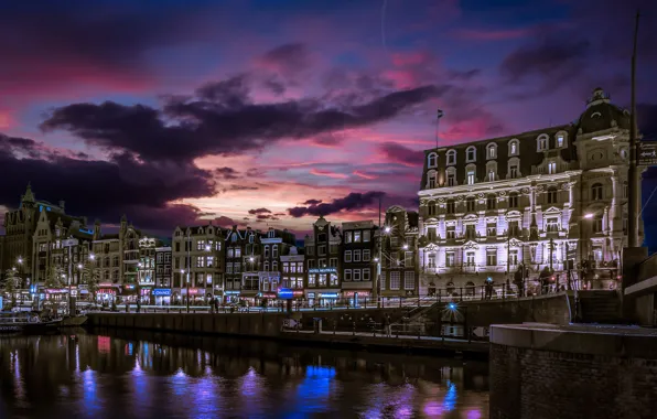 Building, home, Amsterdam, channel, Netherlands, night city, promenade, Amsterdam