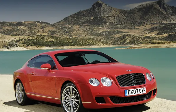Mountains, red, lake, shore, coupe, continental, bentley, speed