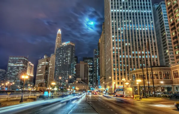 Road, lights, building, Chicago, Chicago
