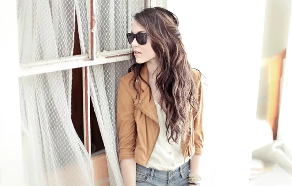 Girl, brunette, window, glasses, jacket
