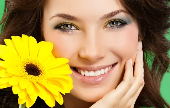 Look, girl, flowers, smile, brown hair, gray-eyed