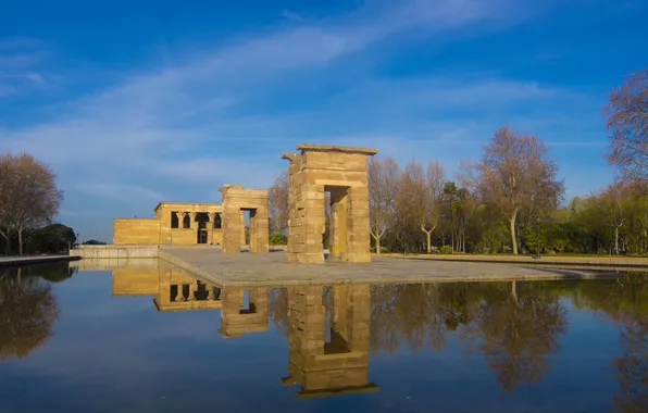 Picture the sky, trees, pond, Park, Egypt, Spain, Madrid, the temple of Debod