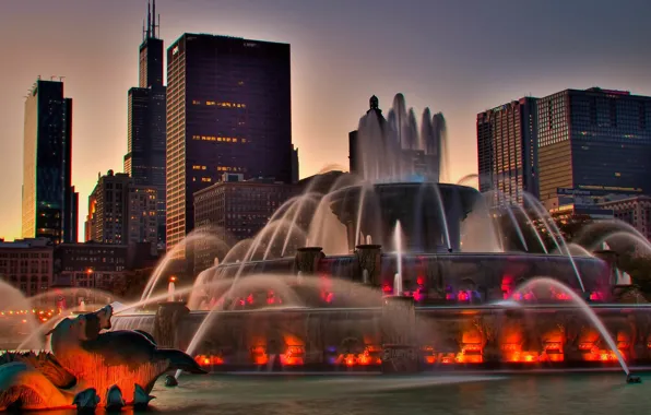 The city, home, the evening, backlight, Chicago, fountain, USA, Illinois