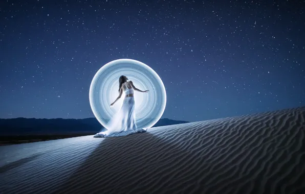 The sky, girl, stars, light, landscape, night, nature, pose